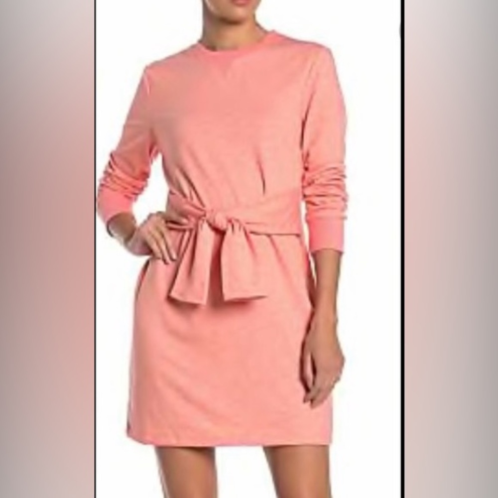 NWT- English Factory Long Sleeve Dress With Waist Tie Embellishment in coral